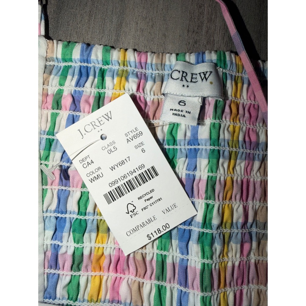 J.Crew Rainbow Gingham Midi Dress Multi Color Cotton Smocked NEW Womens 6 A7 - Picture 5 of 9